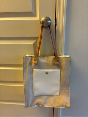 Ann Taylor Beige Canvas Tote with White Front Pocket and Tan Handles